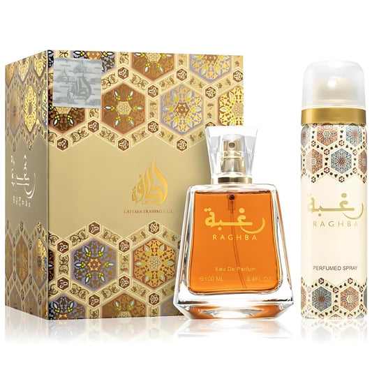 Lattafa Raghba Eau de Parfum 100ml y desodorante formato pack